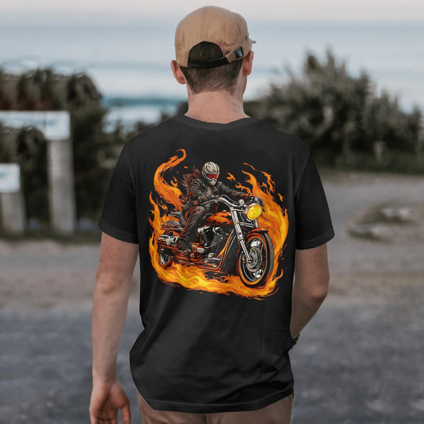 Riding on Fire, Motorcycle T shirt,  100% ComfortSoft® cotton, Unisex 5.2 oz. Essential-T Short Sleeve Tee - CGA Outlet