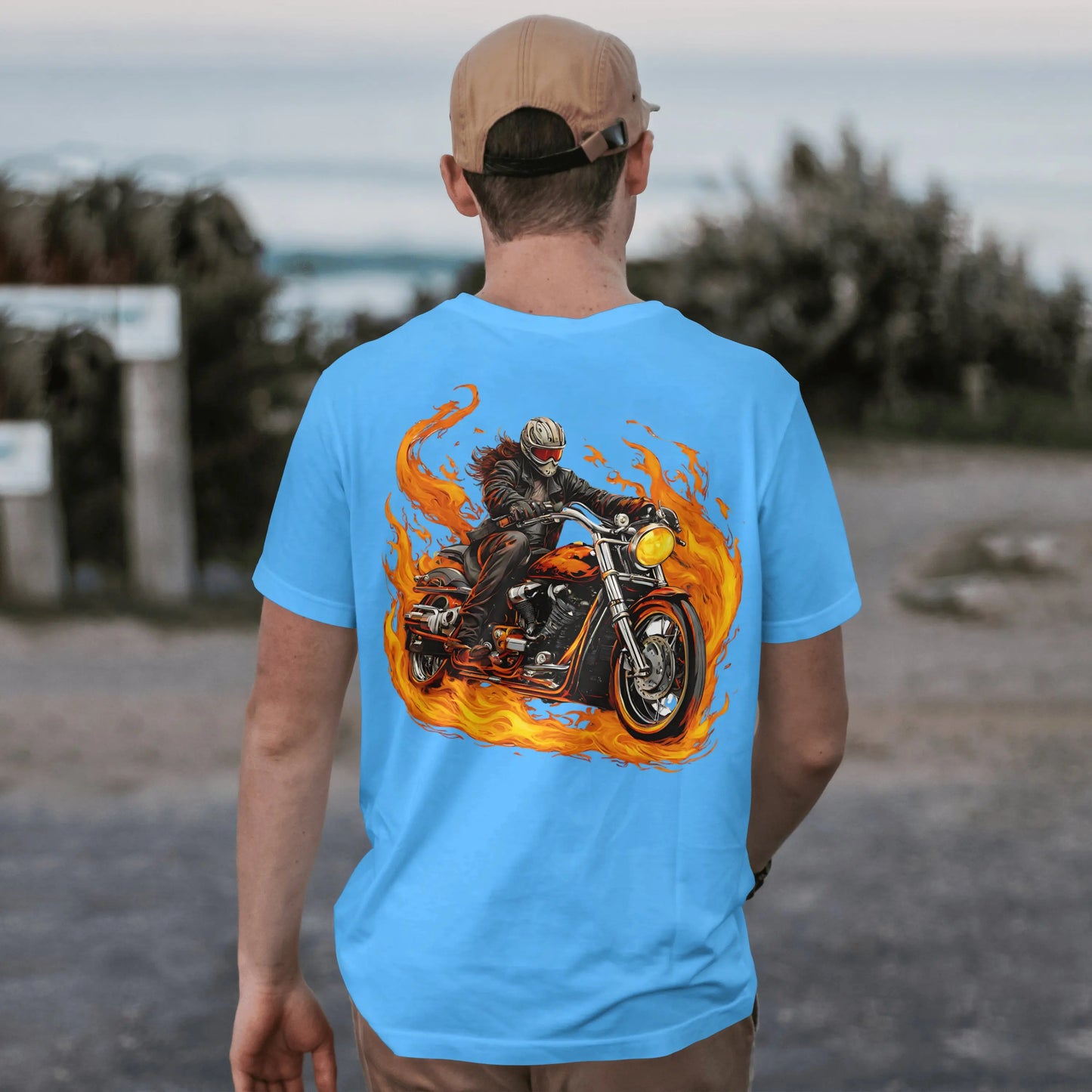 Riding on Fire, Motorcycle T shirt,  100% ComfortSoft® cotton, Unisex 5.2 oz. Essential-T Short Sleeve Tee - CGA Outlet