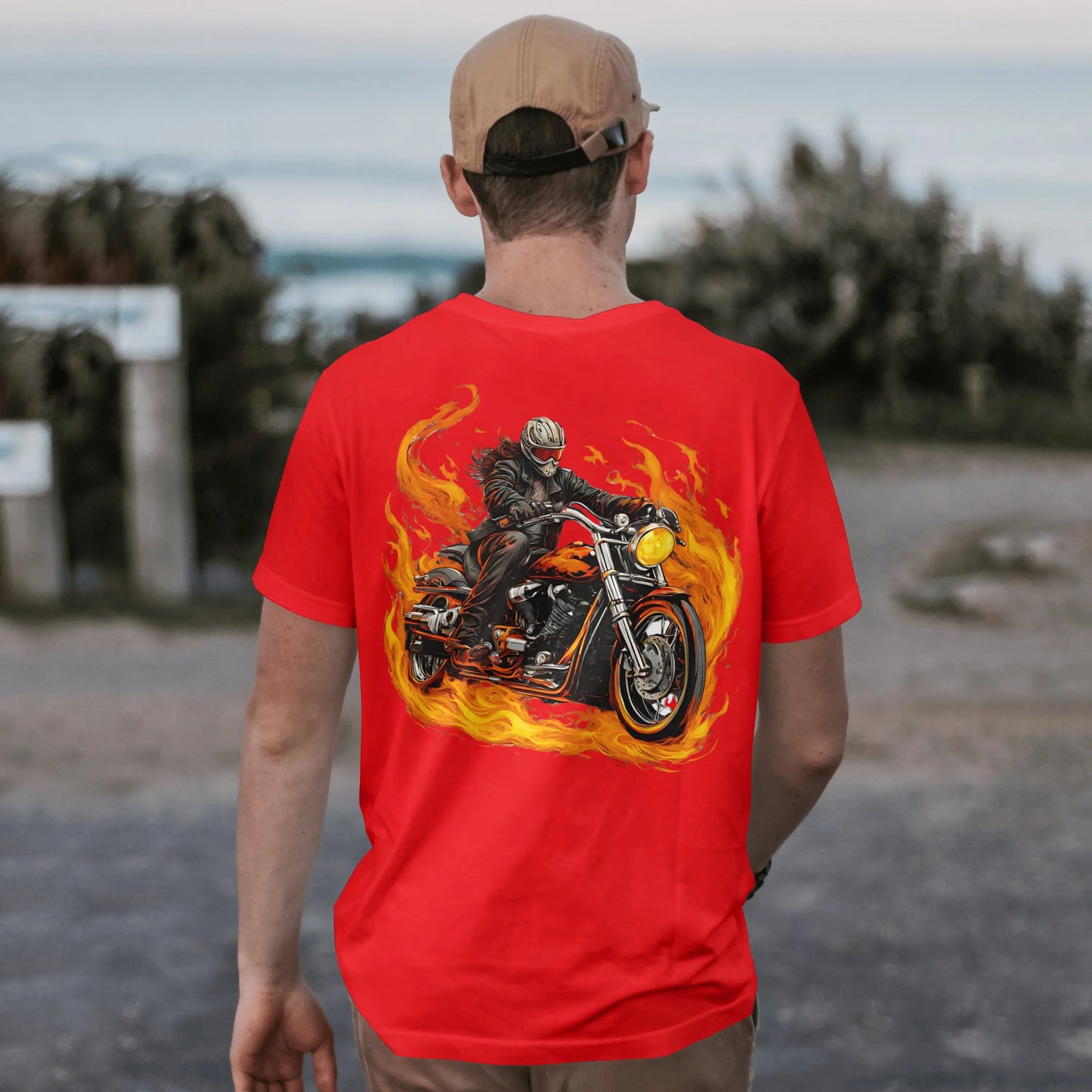 Riding on Fire, Motorcycle T shirt,  100% ComfortSoft® cotton, Unisex 5.2 oz. Essential-T Short Sleeve Tee - CGA Outlet