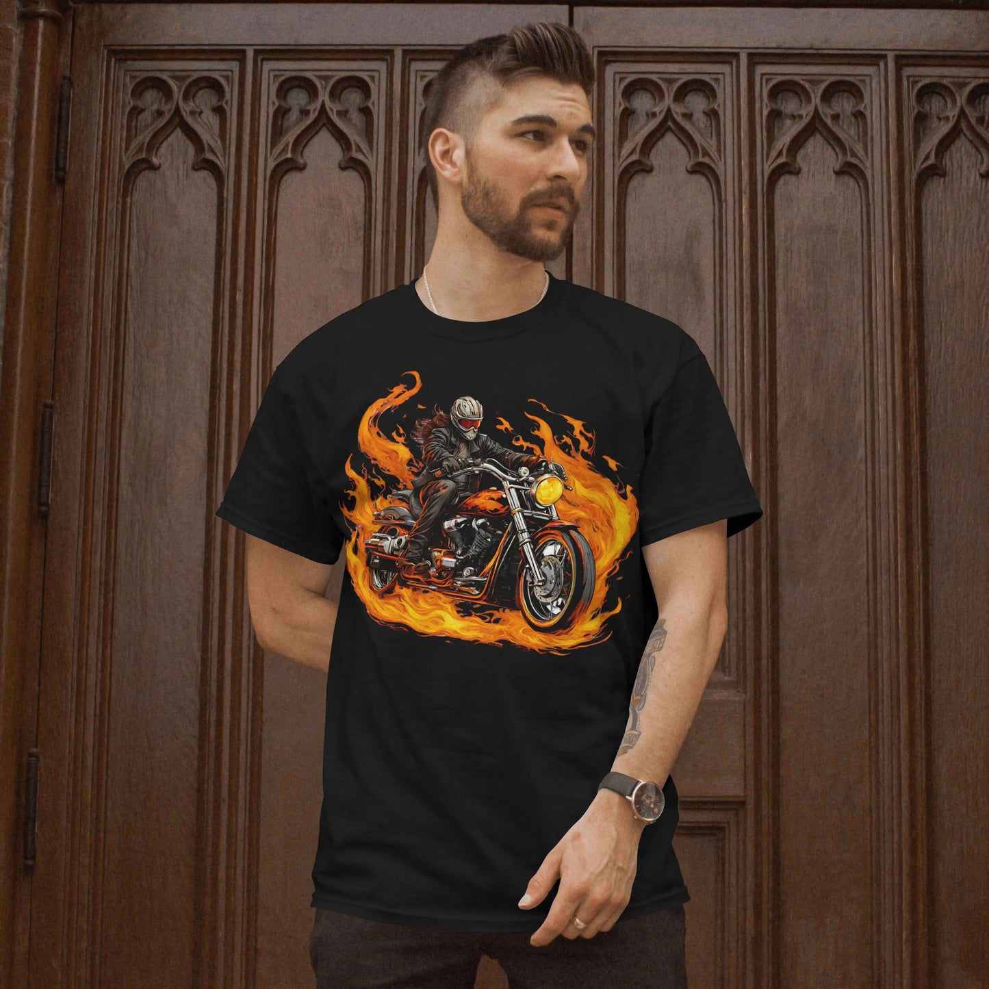 Riding on Fire, Motorcycle T shirt,  100% ComfortSoft® cotton, Unisex 5.2 oz. Essential-T Short Sleeve Tee - CGA Outlet