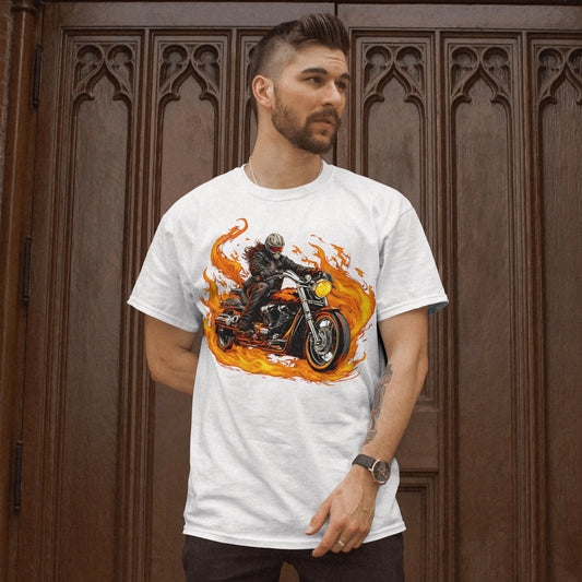 Riding on Fire, Motorcycle T shirt,  100% ComfortSoft® cotton, Unisex 5.2 oz. Essential-T Short Sleeve Tee - CGA Outlet