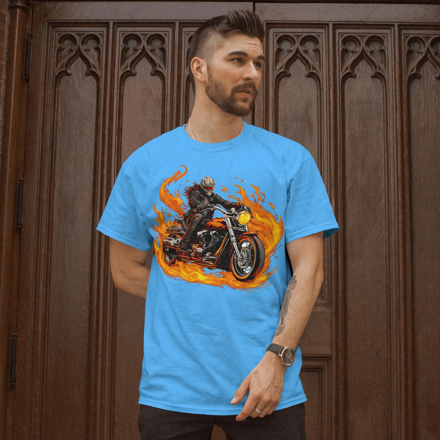 Riding on Fire, Motorcycle T shirt,  100% ComfortSoft® cotton, Unisex 5.2 oz. Essential-T Short Sleeve Tee - CGA Outlet