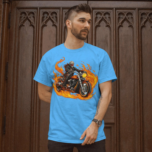 Riding on Fire, Motorcycle T shirt,  100% ComfortSoft® cotton, Unisex 5.2 oz. Essential-T Short Sleeve Tee - CGA Outlet